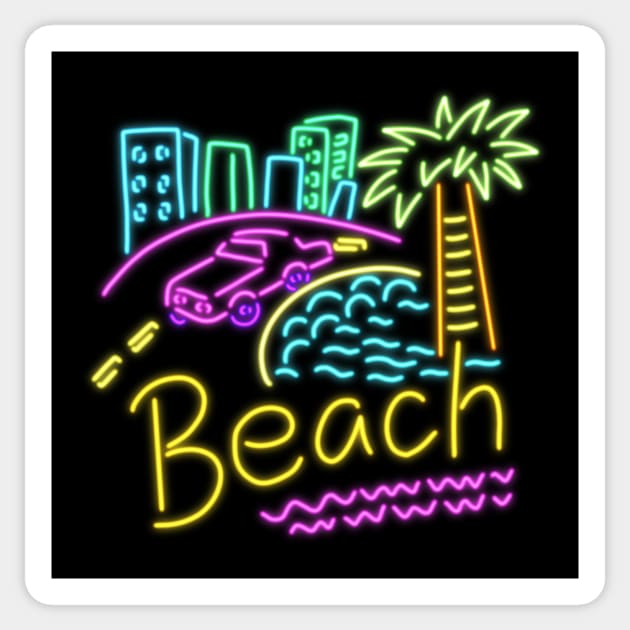 Beach neon house palm trees multi color pink Cadillac sand sun Sticker by wenlu